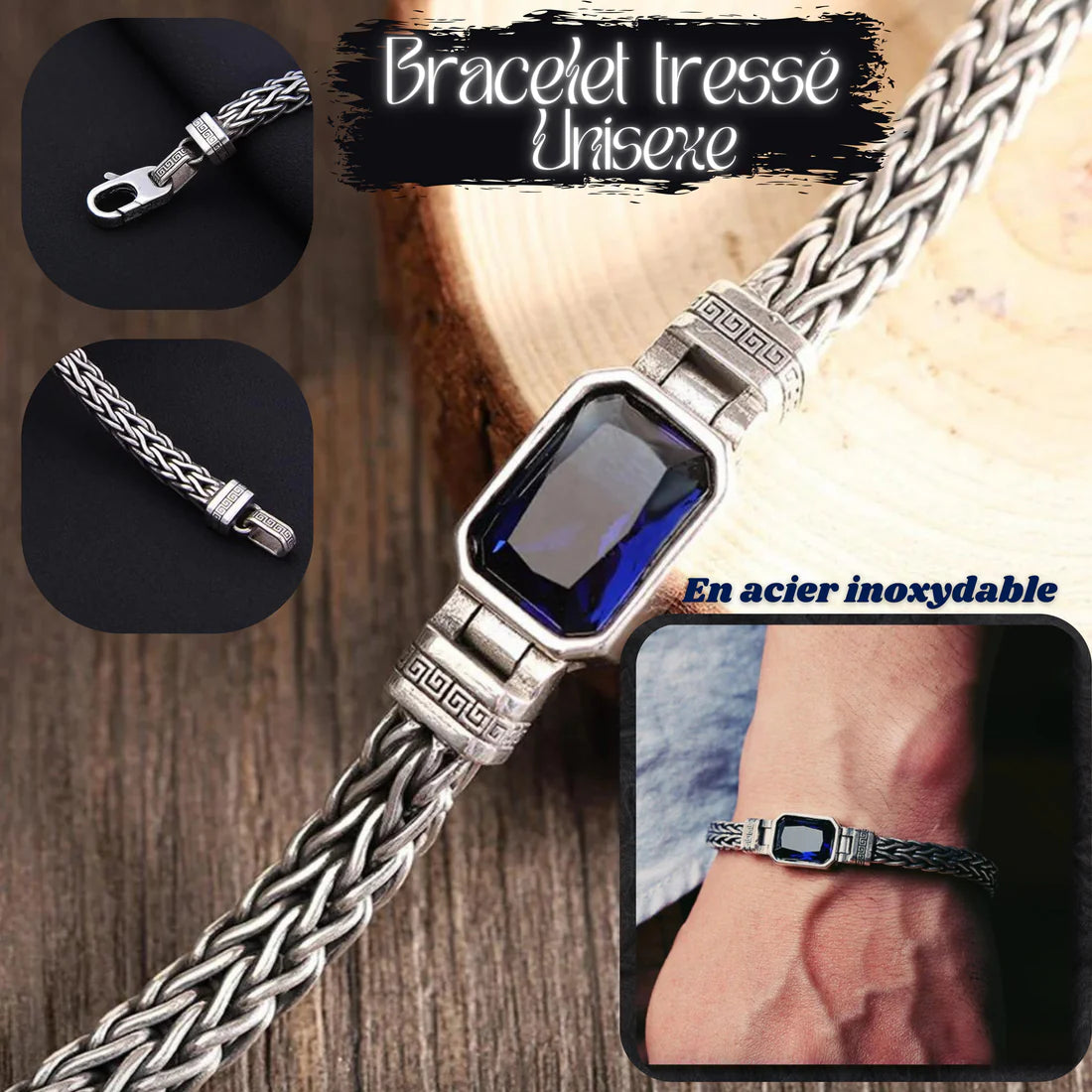 Bracelet torsadé tissé en strass carré bleu-GNK